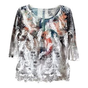 Fleur De Lis Collection 3/4 Sleeve White And Multicolored Top Small EUC